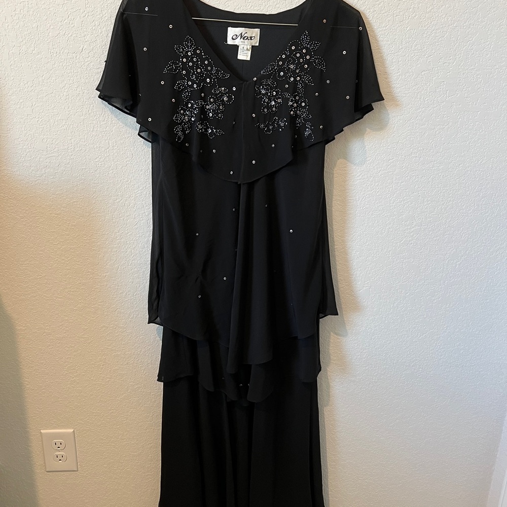 Vintage Black maxi tiered gown with flutter sleeves and V-neck & sequins
